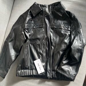 Crop Oversized Leather Motorcycle Jacket with Bow Embroidery
